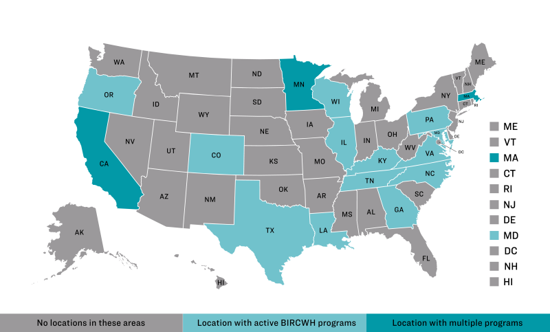 A map of the locations of current BIRCWH programs