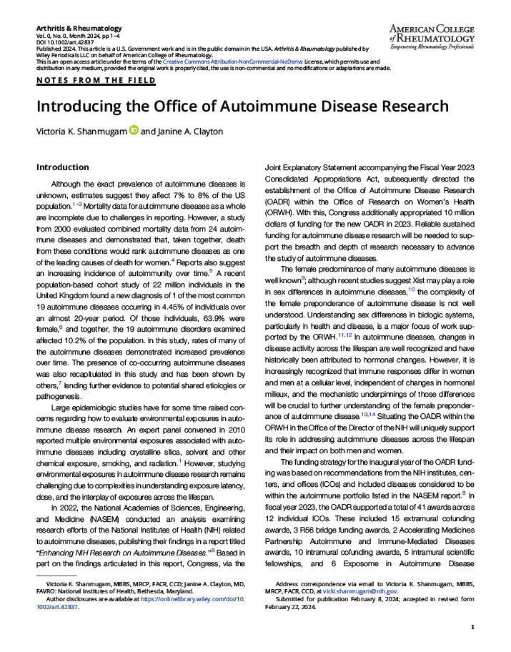 First page of the American College of Rheumatology Journal article Introducing the Office of Autoimmune Disease Research