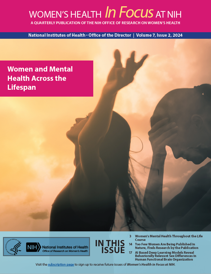 Women's Health In Focus at NIH, a quarterly publication of the NIH Office of Research on Women's Health. Volume 7, Issue 1 Topic is on Global Women's Health. Depicted on the cover are hands holding a globe.
