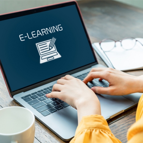 Image of individual on a laptop with the words "E-Learning" on the computer screen.