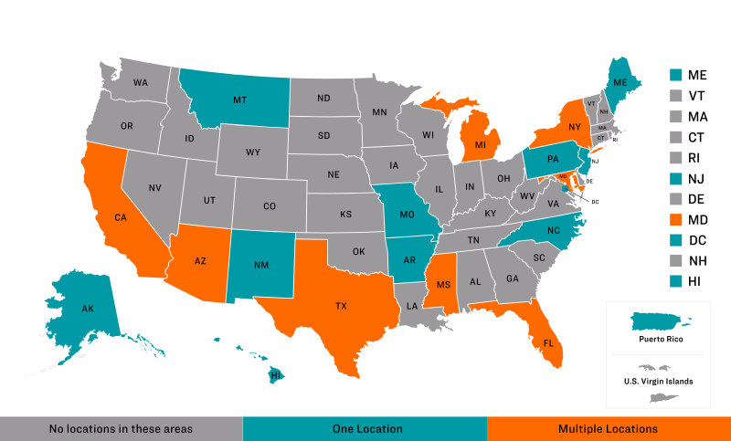 Map of the United States showing states that have none, one, or multiple ComPASS programs.