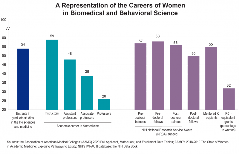 Bar graph representing the careers of women in biomedical and behavioral science.