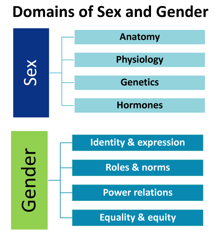 Domains of Sex and Gender; 4 domains of sex include anatomy, physiology, genetics and hormones; domains of gender include identity/expression, roles/norms, power relations, equality/equity