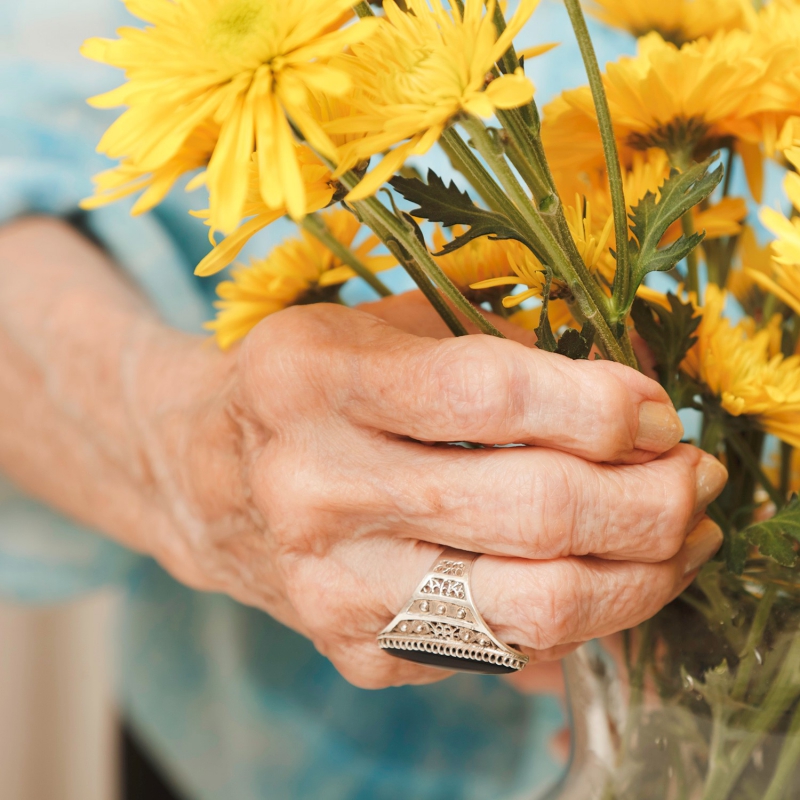 Image of a hand holding flowers.